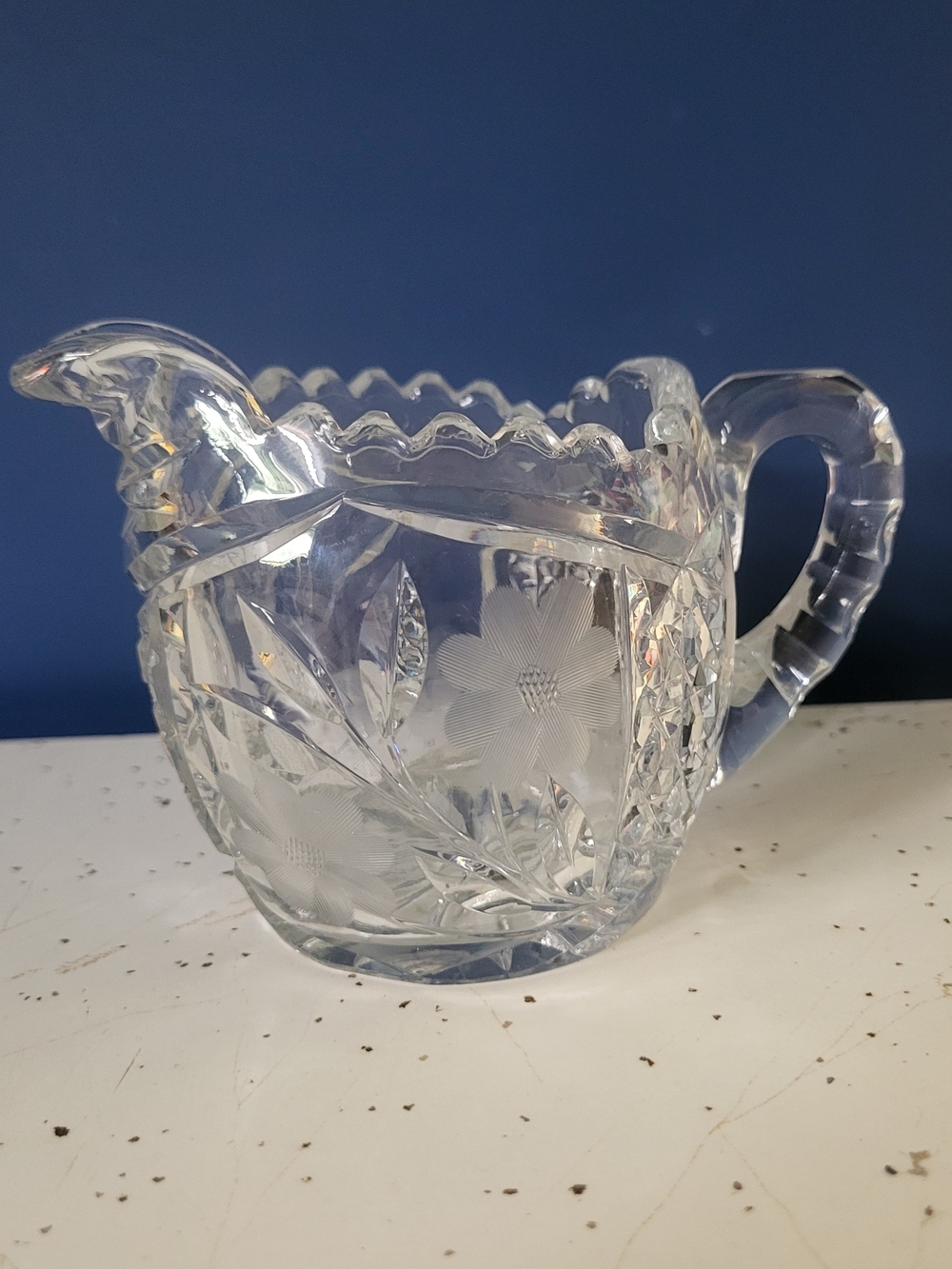 Pressed Lead Glass Creamer Pitcher with Floral Cut Design - Clear